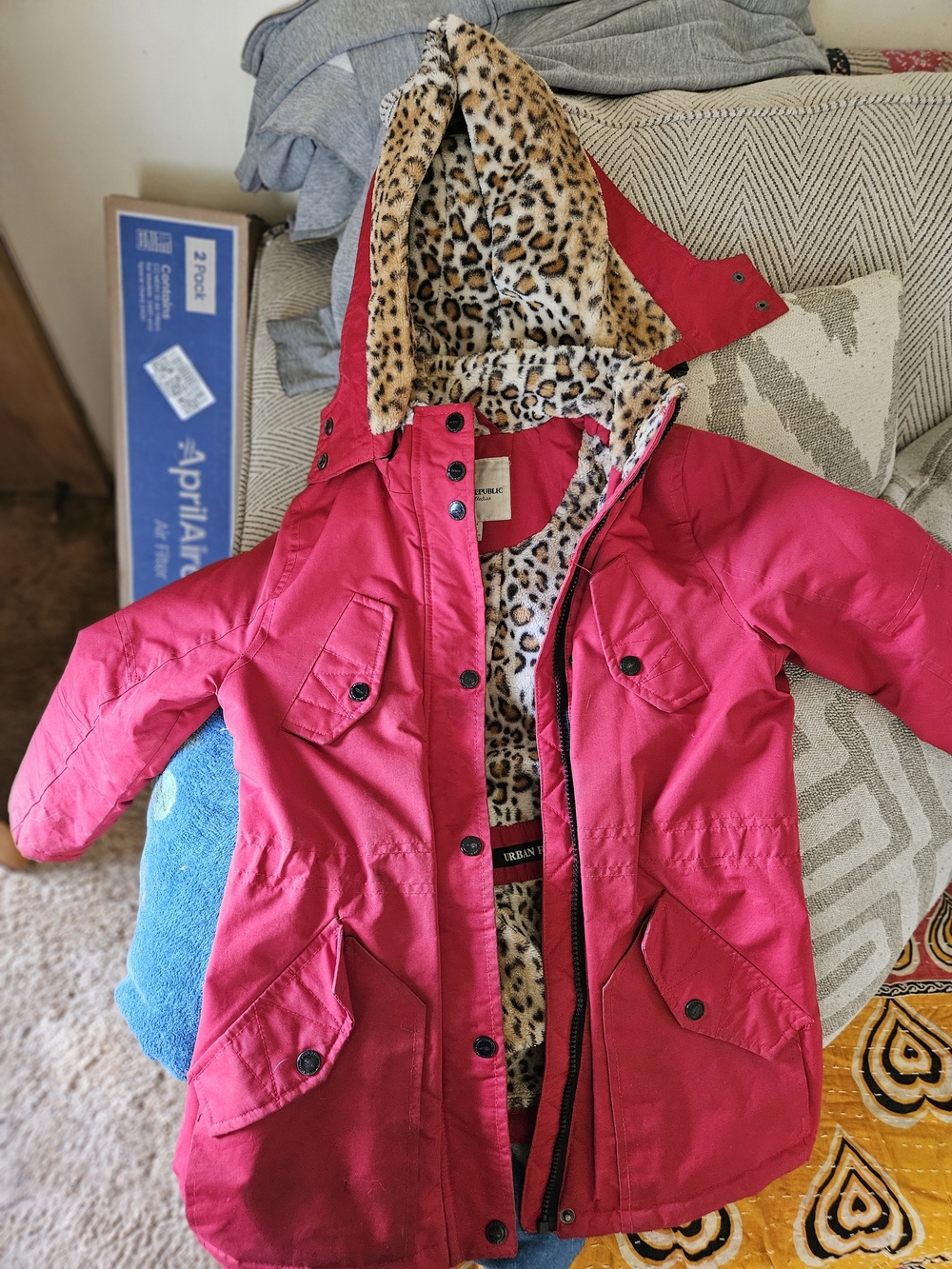 Urban Republic Red Kids Hooded Puffer with Leopard Faux-Fur Trim